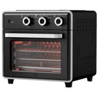 Ein schwarzer Minibackofen, Heissluftfritteuse und Umluftofen in einem, 20 Liter Fassungsvermögen, 1400W Leistung.
