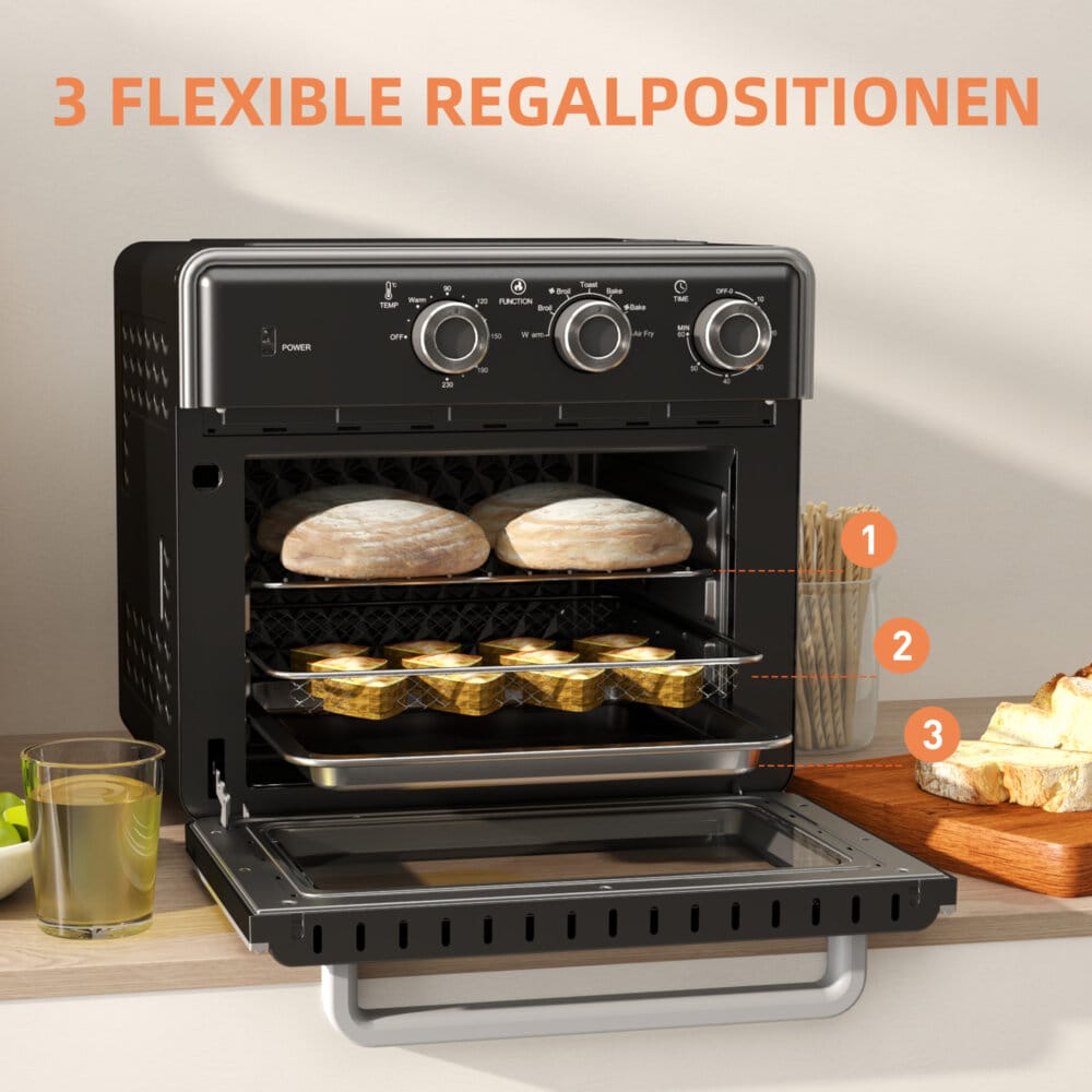 Ein schwarzer Minibackofen, Heissluftfritteuse und Umluftofen in einem, 20 Liter Fassungsvermögen, 1400W Leistung.