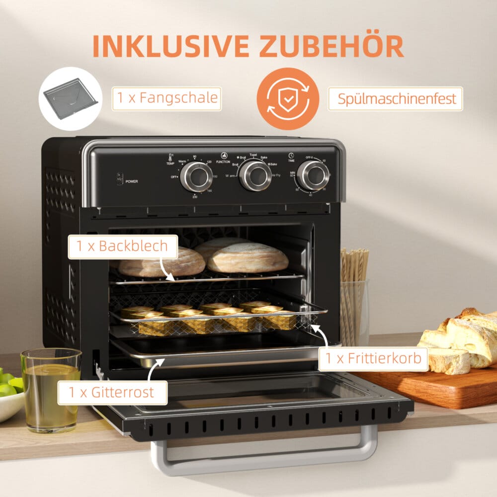 Ein schwarzer Minibackofen, Heissluftfritteuse und Umluftofen in einem, 20 Liter Fassungsvermögen, 1400W Leistung.