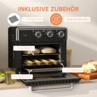 Ein schwarzer Minibackofen, Heissluftfritteuse und Umluftofen in einem, 20 Liter Fassungsvermögen, 1400W Leistung.