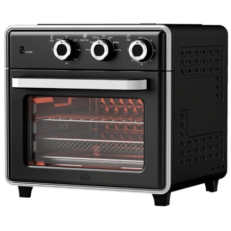 Ein schwarzer Minibackofen, Heissluftfritteuse und Umluftofen in einem, 20 Liter Fassungsvermögen, 1400W Leistung.