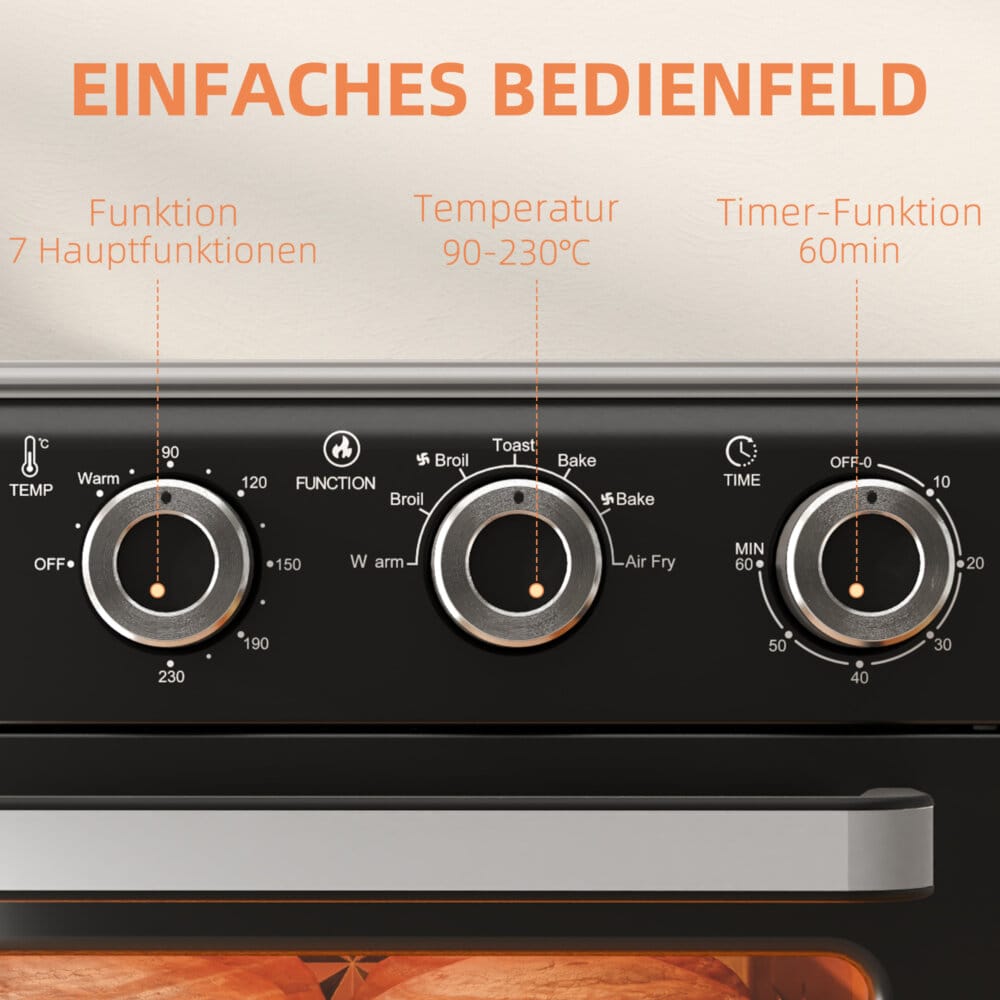 Ein schwarzer Minibackofen, Heissluftfritteuse und Umluftofen in einem, 20 Liter Fassungsvermögen, 1400W Leistung.
