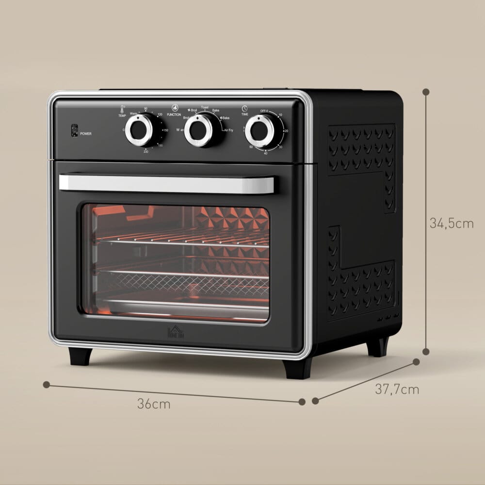 Ein schwarzer Minibackofen, Heissluftfritteuse und Umluftofen in einem, 20 Liter Fassungsvermögen, 1400W Leistung.