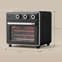 Ein schwarzer Minibackofen, Heissluftfritteuse und Umluftofen in einem, 20 Liter Fassungsvermögen, 1400W Leistung.