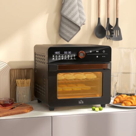 Ein schwarzer Minibackofen und Heissluftofen 3-in-1 mit 20 Litern Fassungsvermögen, Umluftfunktion und bis zu 220 Grad Celsius.