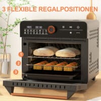 Ein schwarzer Minibackofen und Heissluftofen 3-in-1 mit 20 Litern Fassungsvermögen, Umluftfunktion und bis zu 220 Grad Celsius.