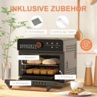 Ein schwarzer Minibackofen und Heissluftofen 3-in-1 mit 20 Litern Fassungsvermögen, Umluftfunktion und bis zu 220 Grad Celsius.