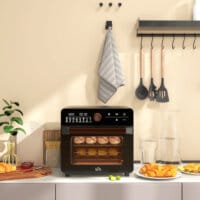Ein schwarzer Minibackofen und Heissluftofen 3-in-1 mit 20 Litern Fassungsvermögen, Umluftfunktion und bis zu 220 Grad Celsius.