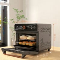 Ein schwarzer Minibackofen und Heissluftofen 3-in-1 mit 20 Litern Fassungsvermögen, Umluftfunktion und bis zu 220 Grad Celsius.