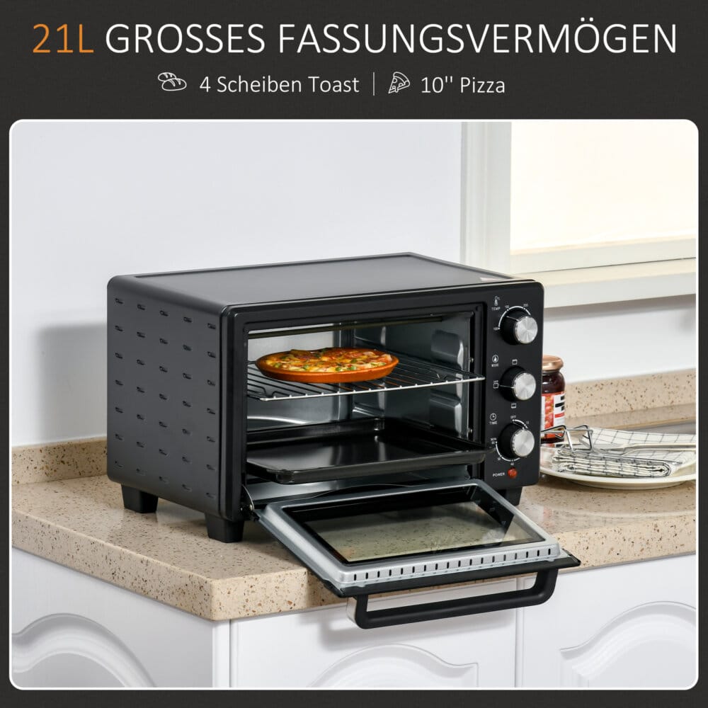 Ein schwarz-silberner Minibackofen und Kompaktofen mit 21 Litern Fassungsvermögen und 3 Kochmodi.