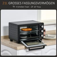 Ein schwarz-silberner Minibackofen und Kompaktofen mit 21 Litern Fassungsvermögen und 3 Kochmodi.