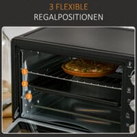 Ein schwarz-silberner Minibackofen und Kompaktofen mit 21 Litern Fassungsvermögen und 3 Kochmodi.