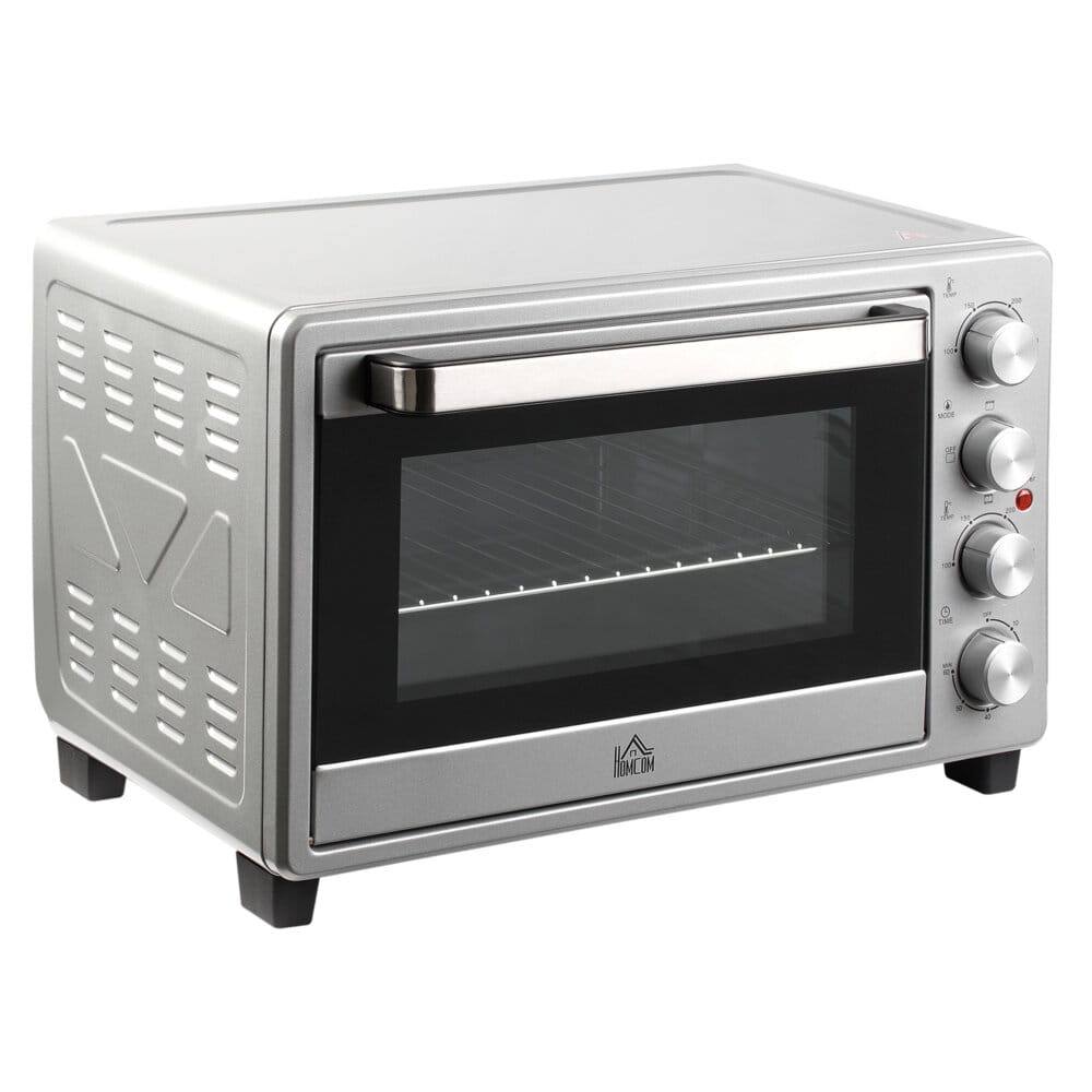 Ein kompakter Minibackofen und Kompaktofen in Silber, 32 Liter Fassungsvermögen, aus Edelstahl mit Glastür.