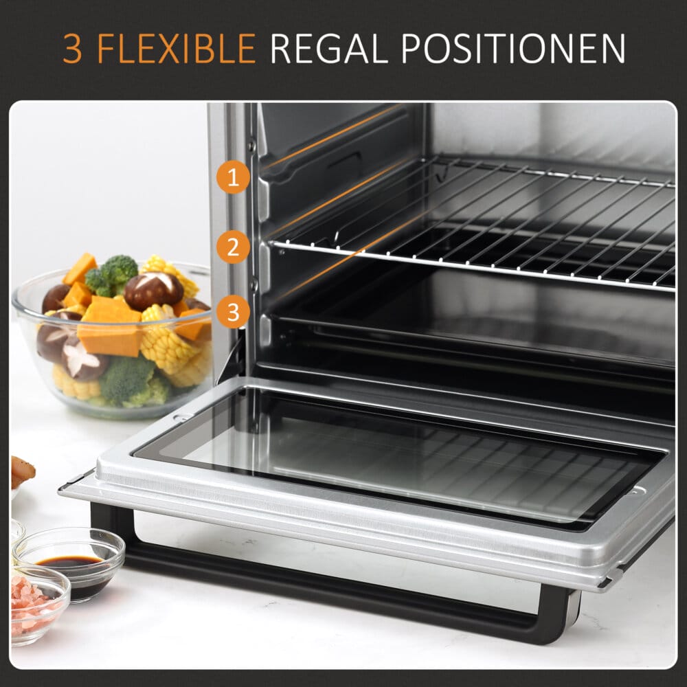 Ein kompakter Minibackofen und Kompaktofen in Silber, 32 Liter Fassungsvermögen, aus Edelstahl mit Glastür.