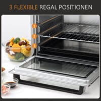 Ein kompakter Minibackofen und Kompaktofen in Silber, 32 Liter Fassungsvermögen, aus Edelstahl mit Glastür.