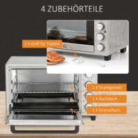 Ein kompakter Minibackofen und Kompaktofen in Silber, 32 Liter Fassungsvermögen, aus Edelstahl mit Glastür.