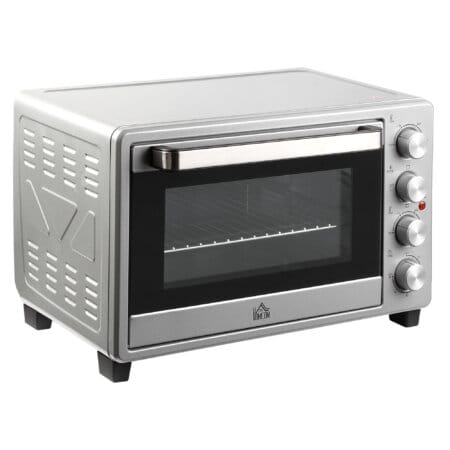 Ein kompakter Minibackofen und Kompaktofen in Silber, 32 Liter Fassungsvermögen, aus Edelstahl mit Glastür.
