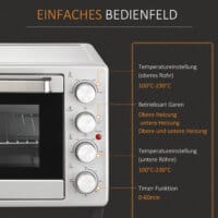 Ein kompakter Minibackofen und Kompaktofen in Silber, 32 Liter Fassungsvermögen, aus Edelstahl mit Glastür.