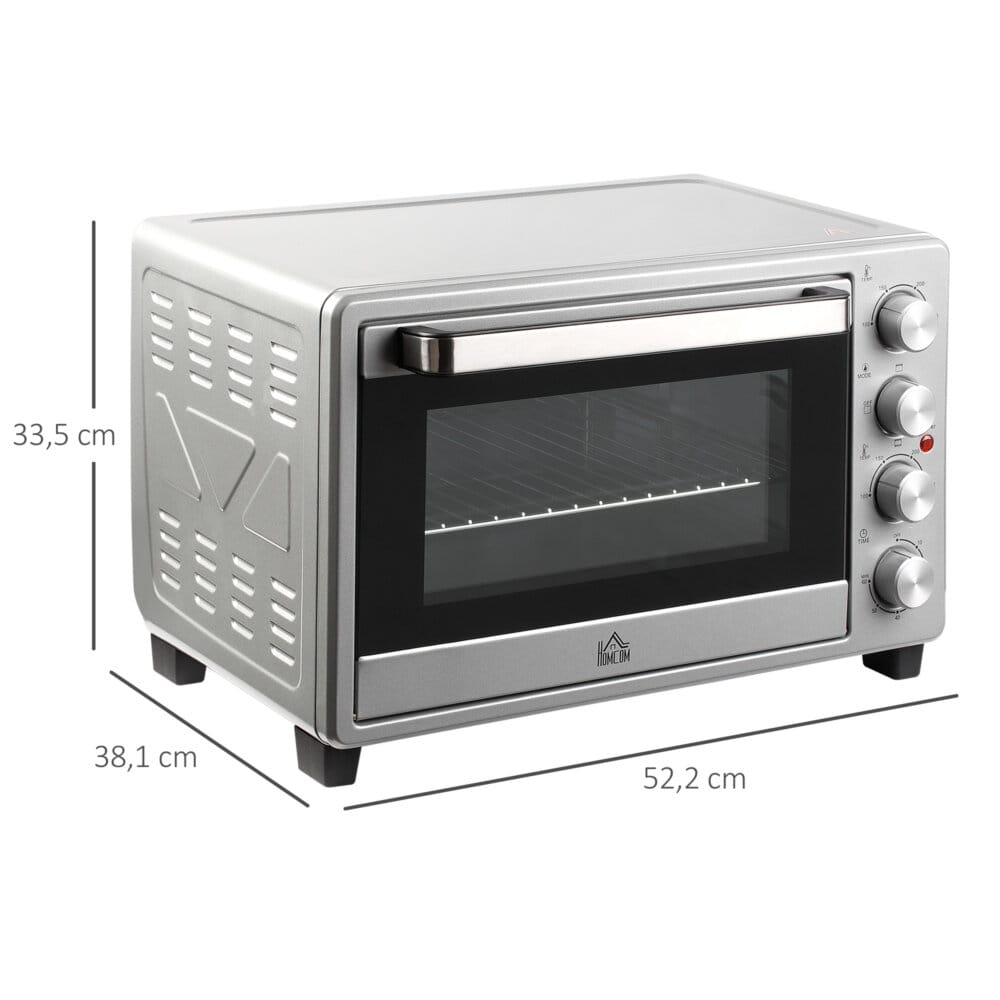 Ein kompakter Minibackofen und Kompaktofen in Silber, 32 Liter Fassungsvermögen, aus Edelstahl mit Glastür.