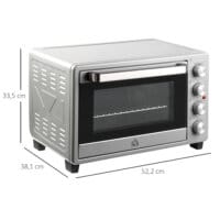 Ein kompakter Minibackofen und Kompaktofen in Silber, 32 Liter Fassungsvermögen, aus Edelstahl mit Glastür.