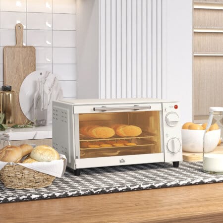 Ein cremeweisser Minibackofen und Kompaktofen mit 9 Litern Fassungsvermögen, 750W Leistung, Temperaturbereich 100-230 Grad Celsius, Timer und Edelstahl-Zubehör.