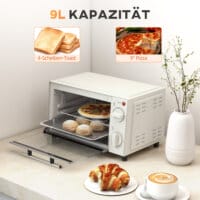 Ein cremeweisser Minibackofen und Kompaktofen mit 9 Litern Fassungsvermögen, 750W Leistung, Temperaturbereich 100-230 Grad Celsius, Timer und Edelstahl-Zubehör.