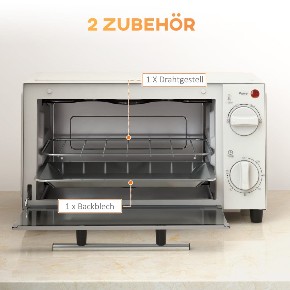 Ein cremeweisser Minibackofen und Kompaktofen mit 9 Litern Fassungsvermögen, 750W Leistung, Temperaturbereich 100-230 Grad Celsius, Timer und Edelstahl-Zubehör.