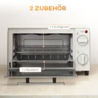 Ein cremeweisser Minibackofen und Kompaktofen mit 9 Litern Fassungsvermögen, 750W Leistung, Temperaturbereich 100-230 Grad Celsius, Timer und Edelstahl-Zubehör.