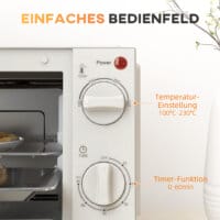 Ein cremeweisser Minibackofen und Kompaktofen mit 9 Litern Fassungsvermögen, 750W Leistung, Temperaturbereich 100-230 Grad Celsius, Timer und Edelstahl-Zubehör.
