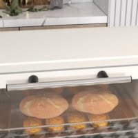 Ein cremeweisser Minibackofen und Kompaktofen mit 9 Litern Fassungsvermögen, 750W Leistung, Temperaturbereich 100-230 Grad Celsius, Timer und Edelstahl-Zubehör.