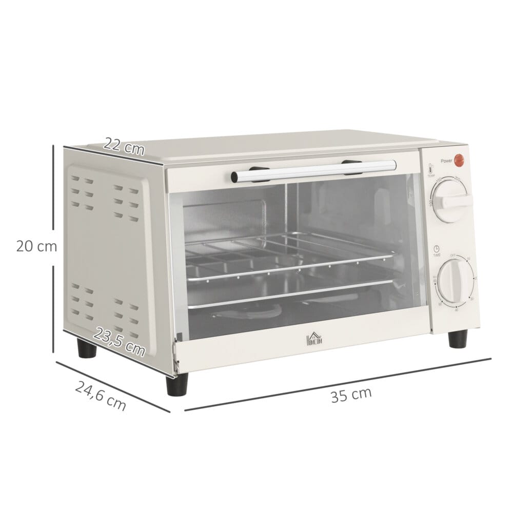 Ein cremeweisser Minibackofen und Kompaktofen mit 9 Litern Fassungsvermögen, 750W Leistung, Temperaturbereich 100-230 Grad Celsius, Timer und Edelstahl-Zubehör.