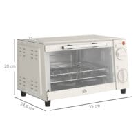 Ein cremeweisser Minibackofen und Kompaktofen mit 9 Litern Fassungsvermögen, 750W Leistung, Temperaturbereich 100-230 Grad Celsius, Timer und Edelstahl-Zubehör.