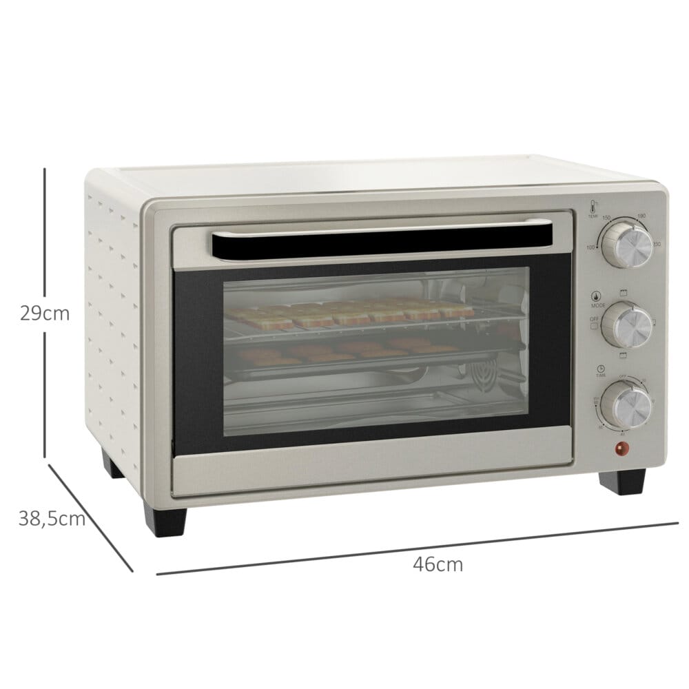Ein cremeweisser Minibackofen und Ofen mit 21 Litern Fassungsvermögen, Temperaturbereich 100-230 Grad Celsius und Drehspiess.