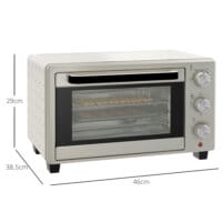 Ein cremeweisser Minibackofen und Ofen mit 21 Litern Fassungsvermögen, Temperaturbereich 100-230 Grad Celsius und Drehspiess.
