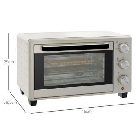 Ein cremeweisser Minibackofen und Ofen mit 21 Litern Fassungsvermögen, Temperaturbereich 100-230 Grad Celsius und Drehspiess.