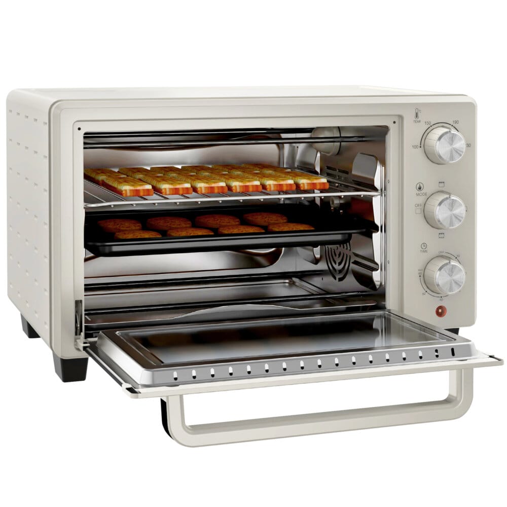 Ein cremeweisser Minibackofen und Ofen mit 21 Litern Fassungsvermögen, Temperaturbereich 100-230 Grad Celsius und Drehspiess.