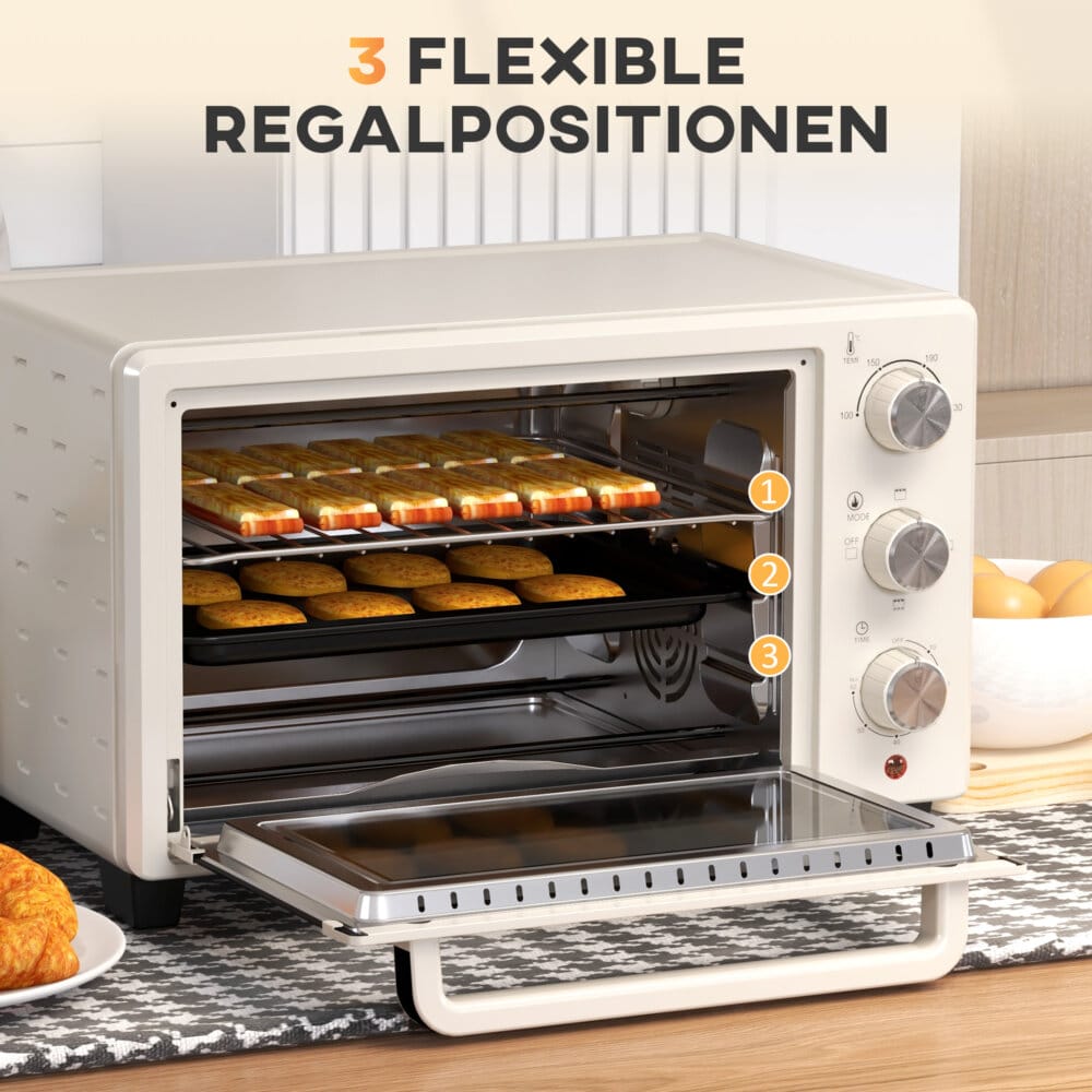 Ein cremeweisser Minibackofen und Ofen mit 21 Litern Fassungsvermögen, Temperaturbereich 100-230 Grad Celsius und Drehspiess.