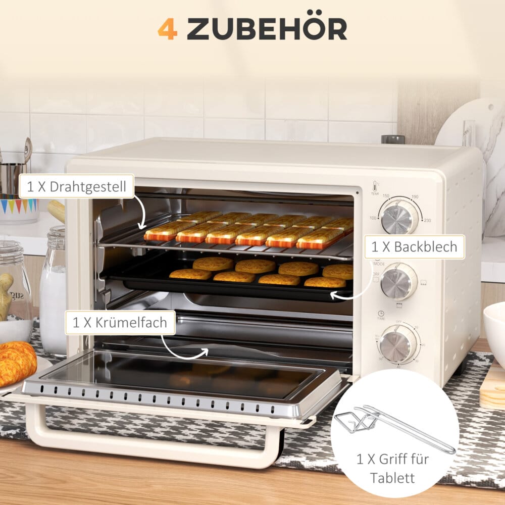 Ein cremeweisser Minibackofen und Ofen mit 21 Litern Fassungsvermögen, Temperaturbereich 100-230 Grad Celsius und Drehspiess.