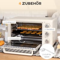 Ein cremeweisser Minibackofen und Ofen mit 21 Litern Fassungsvermögen, Temperaturbereich 100-230 Grad Celsius und Drehspiess.