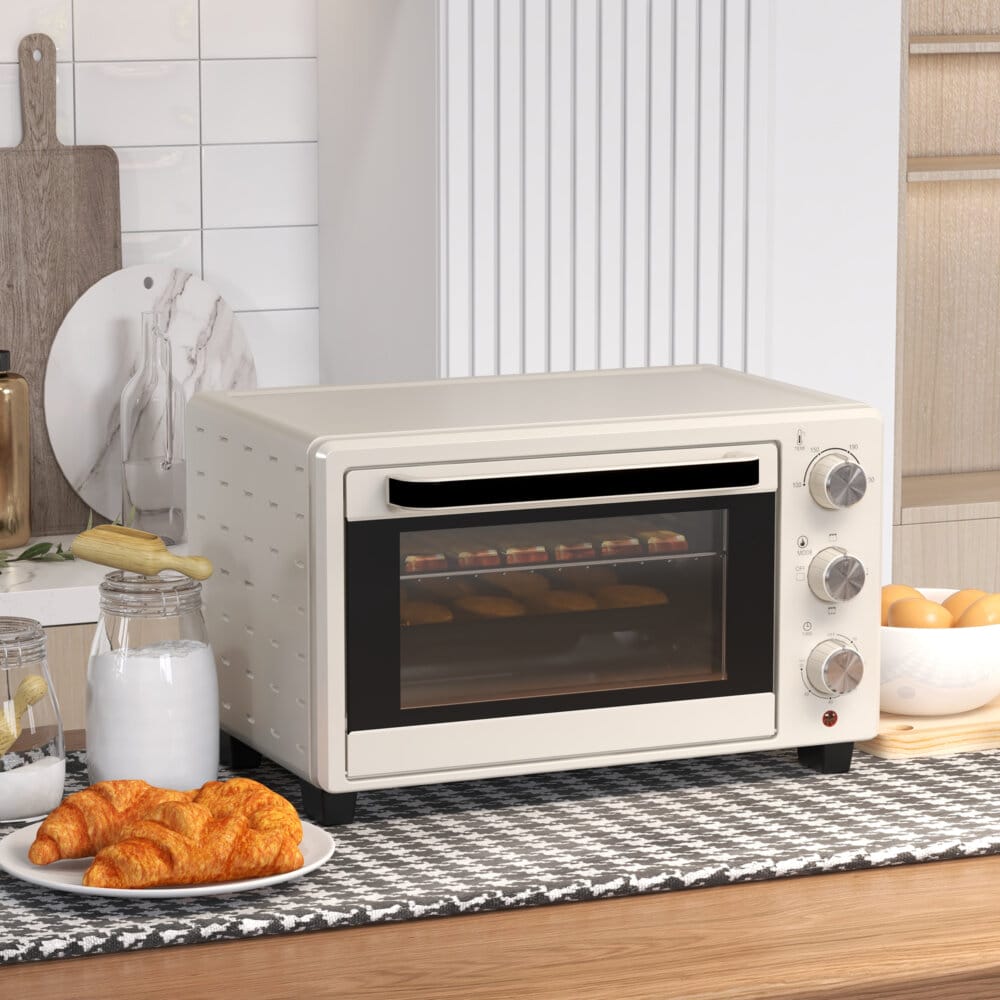 Ein cremeweisser Minibackofen und Ofen mit 21 Litern Fassungsvermögen, Temperaturbereich 100-230 Grad Celsius und Drehspiess.