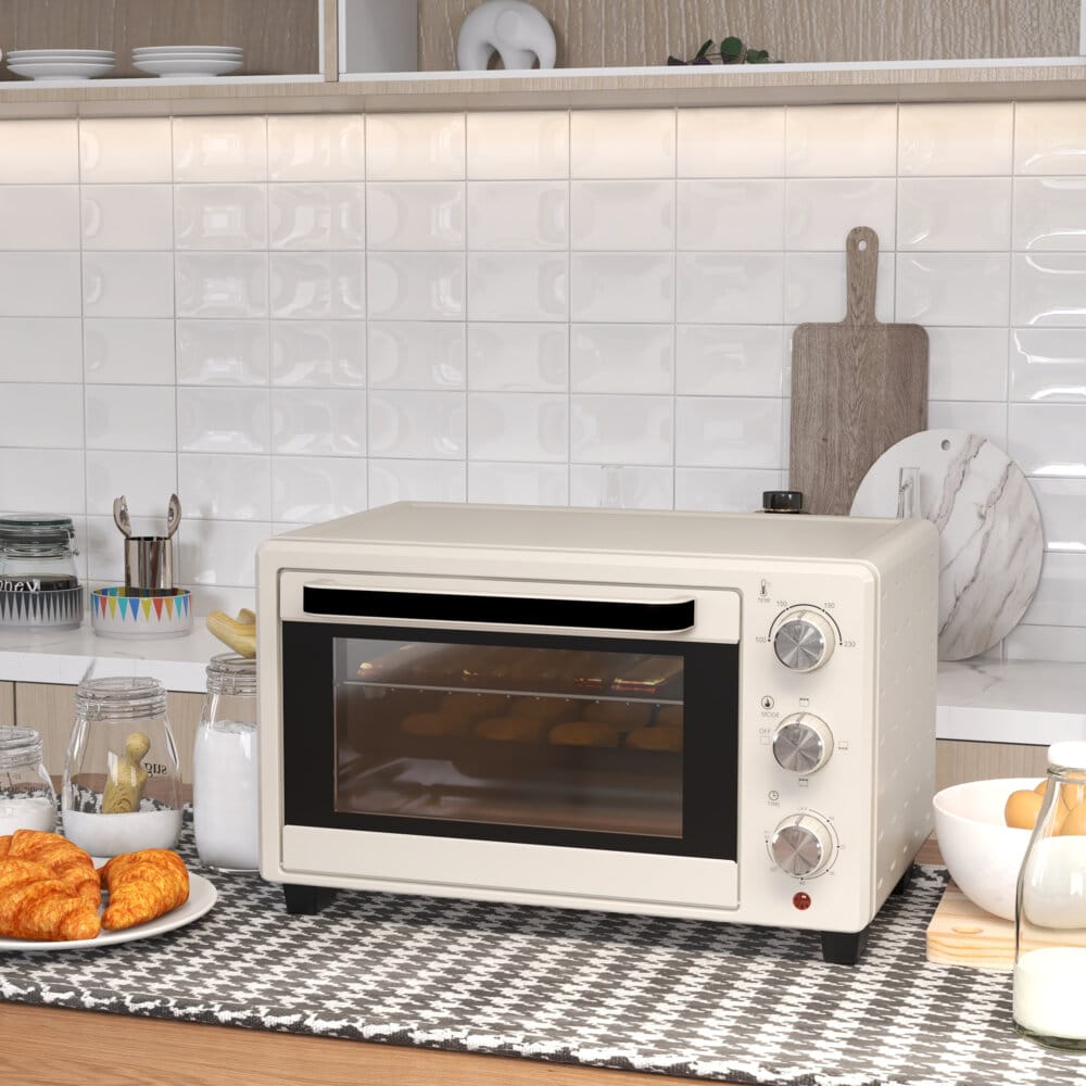 Ein cremeweisser Minibackofen und Ofen mit 21 Litern Fassungsvermögen, Temperaturbereich 100-230 Grad Celsius und Drehspiess.