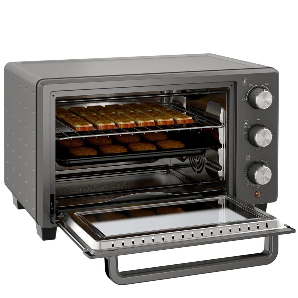 Ein grauer Minibackofen und Ofen mit 21 Litern Fassungsvermögen, 1400W Leistung, Temperaturbereich 100-230 Grad Celsius, Timer und Edelstahl-Zubehör.