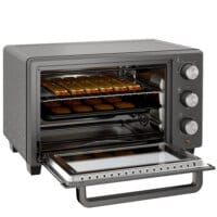Ein grauer Minibackofen und Ofen mit 21 Litern Fassungsvermögen, 1400W Leistung, Temperaturbereich 100-230 Grad Celsius, Timer und Edelstahl-Zubehör.