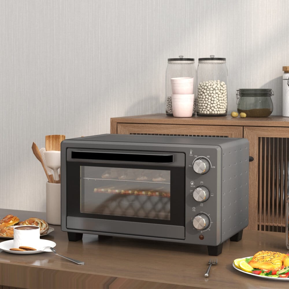 Ein grauer Minibackofen und Ofen mit 21 Litern Fassungsvermögen, 1400W Leistung, Temperaturbereich 100-230 Grad Celsius, Timer und Edelstahl-Zubehör.