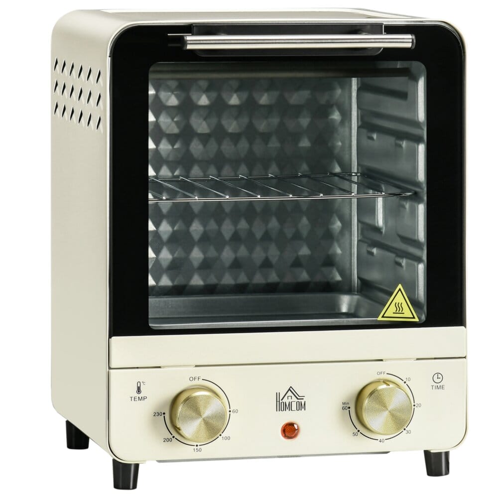 Ein cremeweisser Minibackofen und Umluftofen mit 15 Litern Fassungsvermögen und Temperaturbereich 60-230 Grad Celsius.
