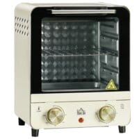 Ein cremeweisser Minibackofen und Umluftofen mit 15 Litern Fassungsvermögen und Temperaturbereich 60-230 Grad Celsius.
