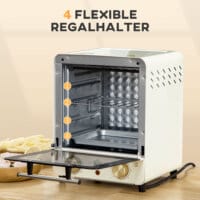 Ein cremeweisser Minibackofen und Umluftofen mit 15 Litern Fassungsvermögen und Temperaturbereich 60-230 Grad Celsius.