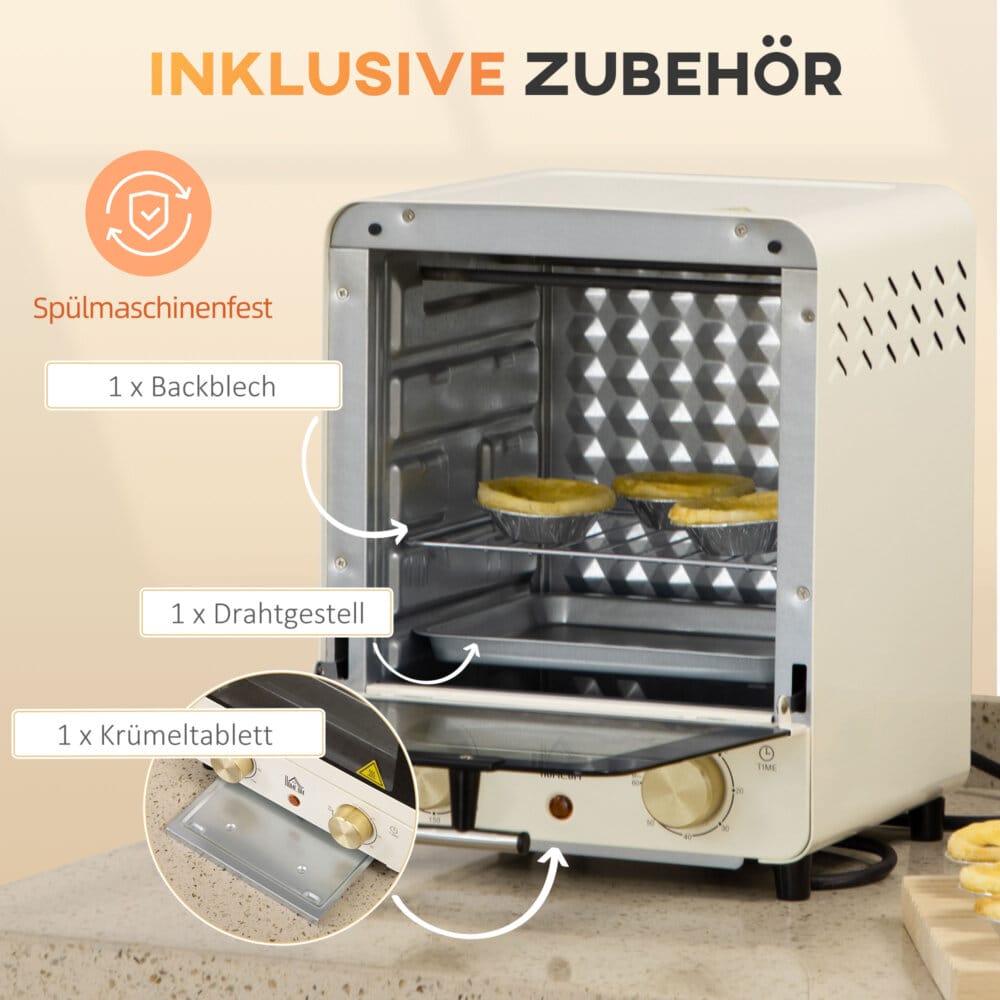 Ein cremeweisser Minibackofen und Umluftofen mit 15 Litern Fassungsvermögen und Temperaturbereich 60-230 Grad Celsius.