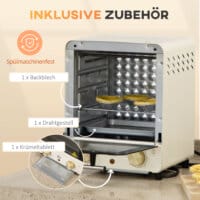 Ein cremeweisser Minibackofen und Umluftofen mit 15 Litern Fassungsvermögen und Temperaturbereich 60-230 Grad Celsius.
