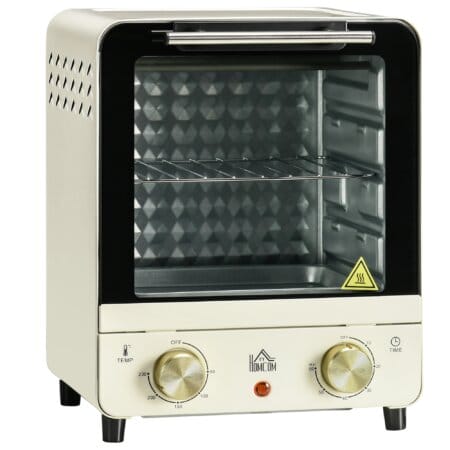 Ein cremeweisser Minibackofen und Umluftofen mit 15 Litern Fassungsvermögen und Temperaturbereich 60-230 Grad Celsius.